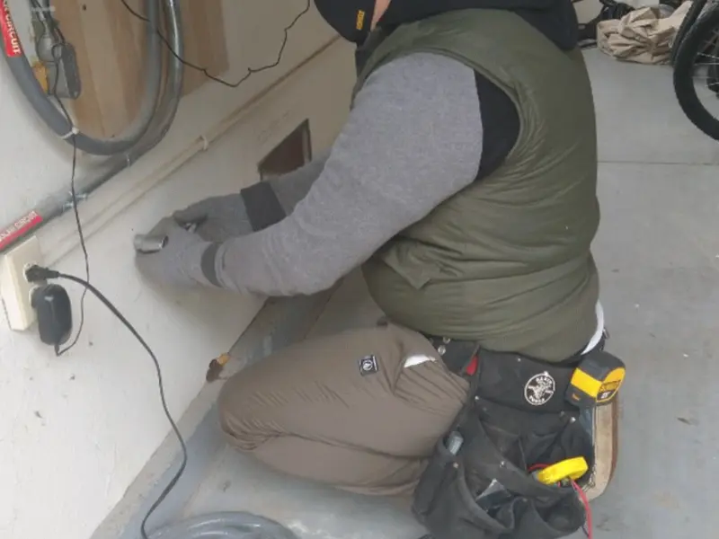 Electrician performing outlet wiring in a Paris garage